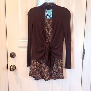 J. Jill brown floral skirt with Hip brown open tie front lightweight sweater